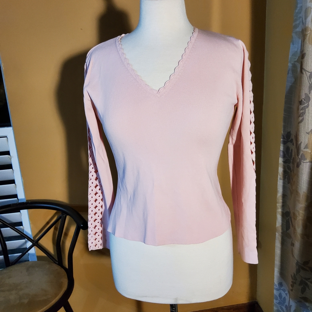 Belldini Light Pink V-Neck Long Sleeve Top with Sleeve Detail